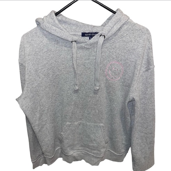🩷 Ocean Drive Women’s Embroidered Smiley Face Hoodie Sweater SIZE SMALL GRAY - Picture 1 of 5